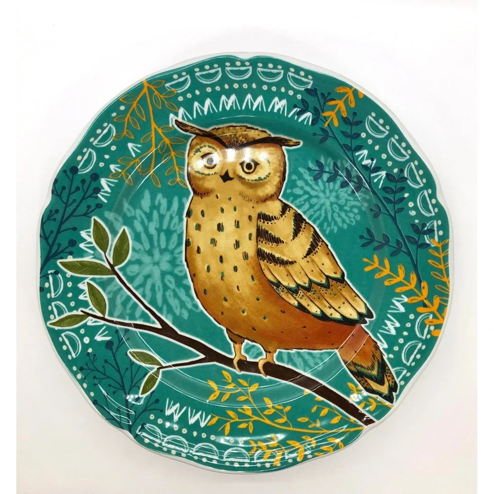 Pier 1 Imports Autumn Splendor Critters Owl Squirrel Salad Plates Set of 2 Teal